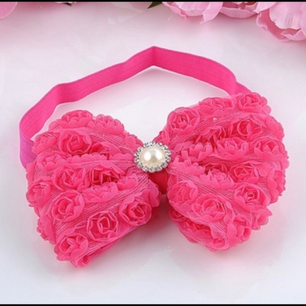 Newborn Pink Ruffle Rhinestone Pearl Headband Bow